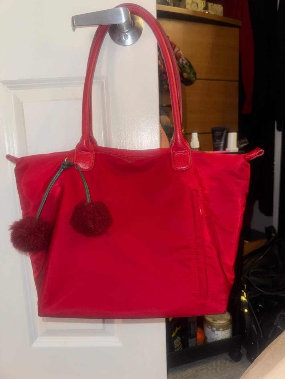 No Boundaries Red Tote with Pom Pom Accent